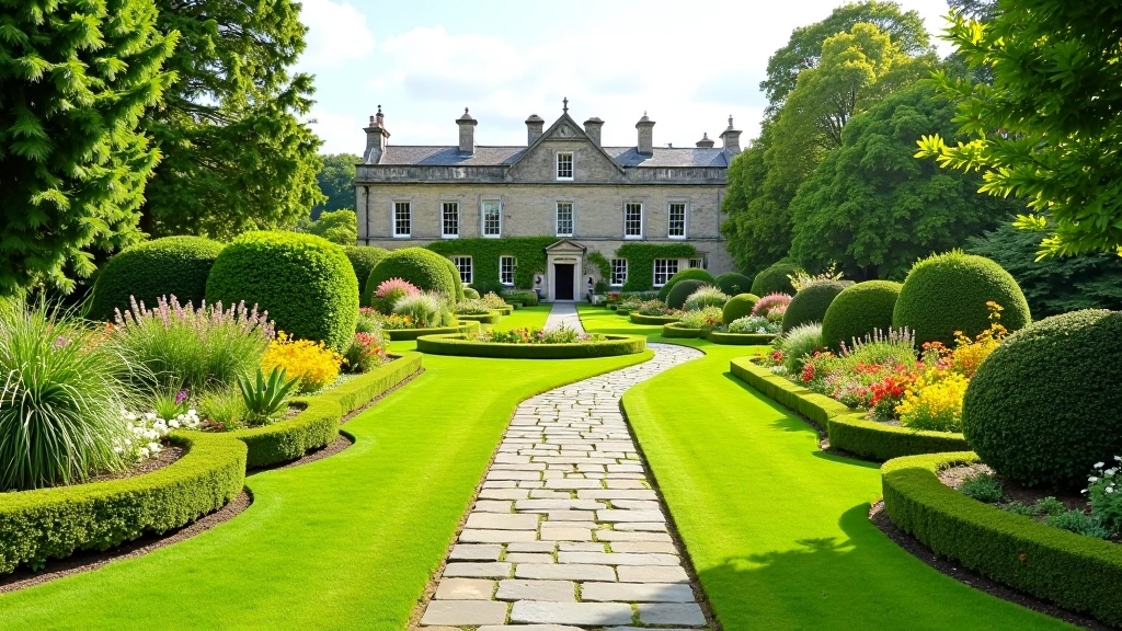 Manicured gardens with stone pathways winding through flowering borders and green lawns at historic estate