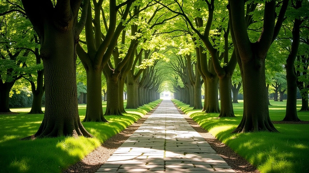 Historic stone pathway lined with mature trees leading toward telescope structure, dappled sunlight, parkland setting