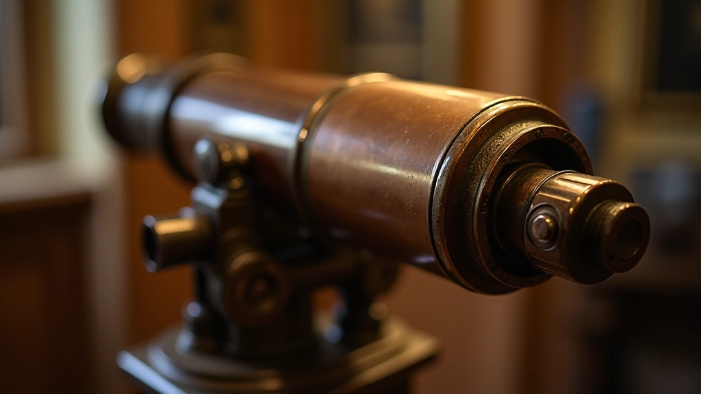 Close-up detail of telescope's copper and iron framework with intricate mechanical components and historical construction visible