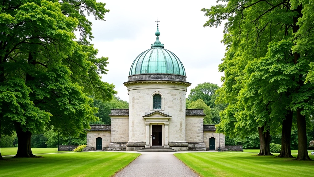 Historic telescope dome structure among trees in a parkland setting with pathways leading toward it