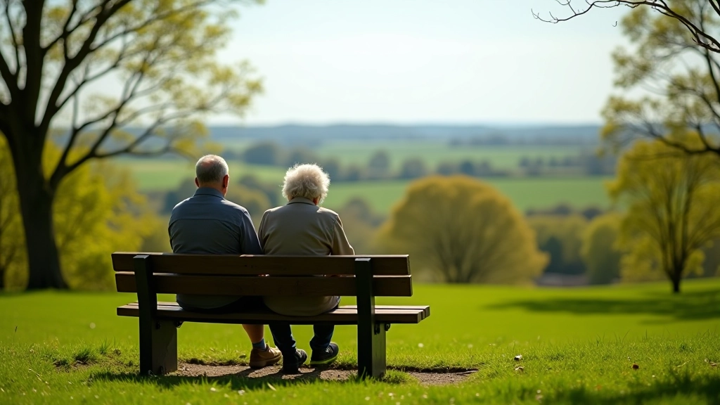 Visitors sitting on the overlook bench enjoying the countryside view on a sunny day with clear skies