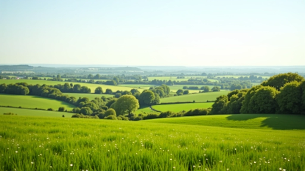 Panoramic countryside vista showing rolling green fields, distant tree lines, and clear sky stretching across the landscape