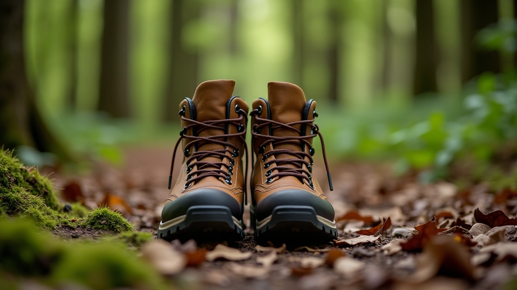 Pair of waterproof hiking boots on forest floor surrounded by leaves and moss, woodland background, natural outdoor setting