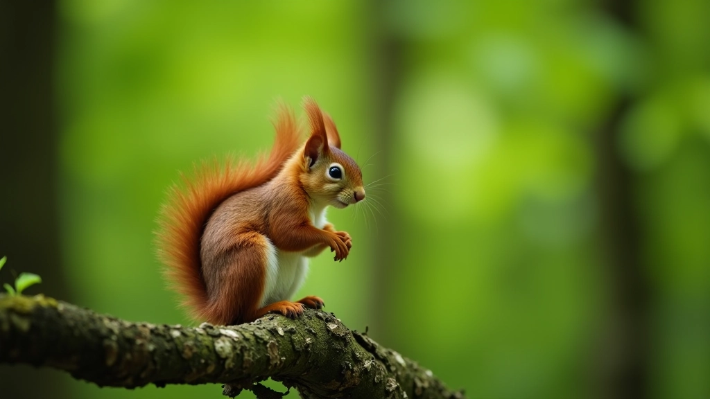Red squirrel on tree branch in woodland setting, alert pose, natural forest background, dappled light