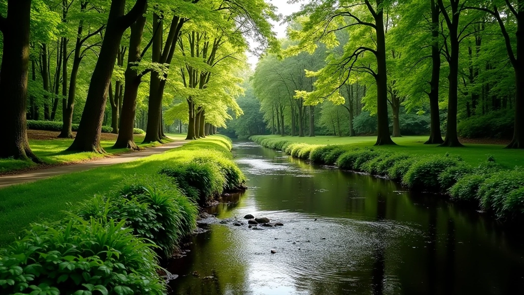 River flowing through wooded valley at Birr estate with tall trees lining the water's edge and walking path visible alongside