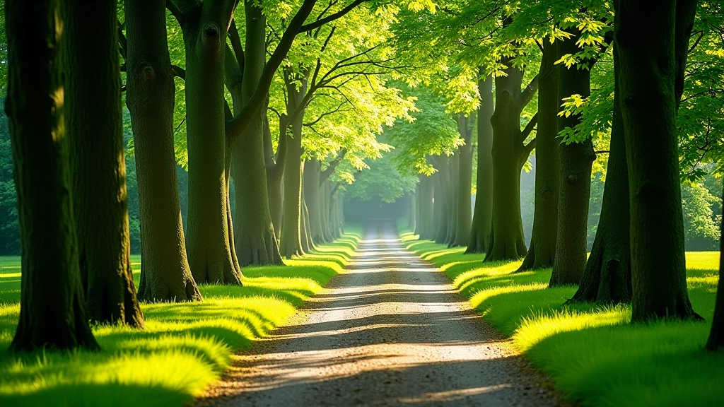Woodland path with mature trees and dappled light