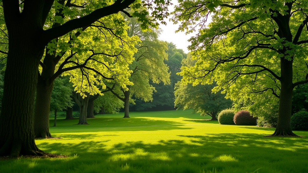 Spring parkland with flowering trees and fresh green foliage on mature woodland surrounding manicured lawns
