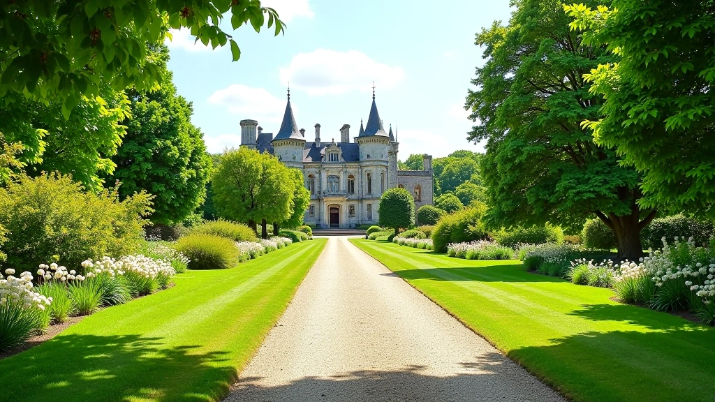 Summer gardens in full bloom with historic castle building visible in background and tree-lined pathways
