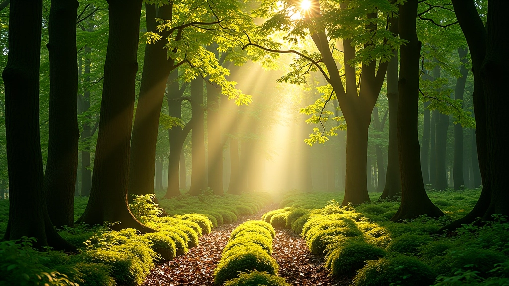 Sunlight dappling through mature beech and oak trees, forest floor covered with ferns and moss, serene woodland interior