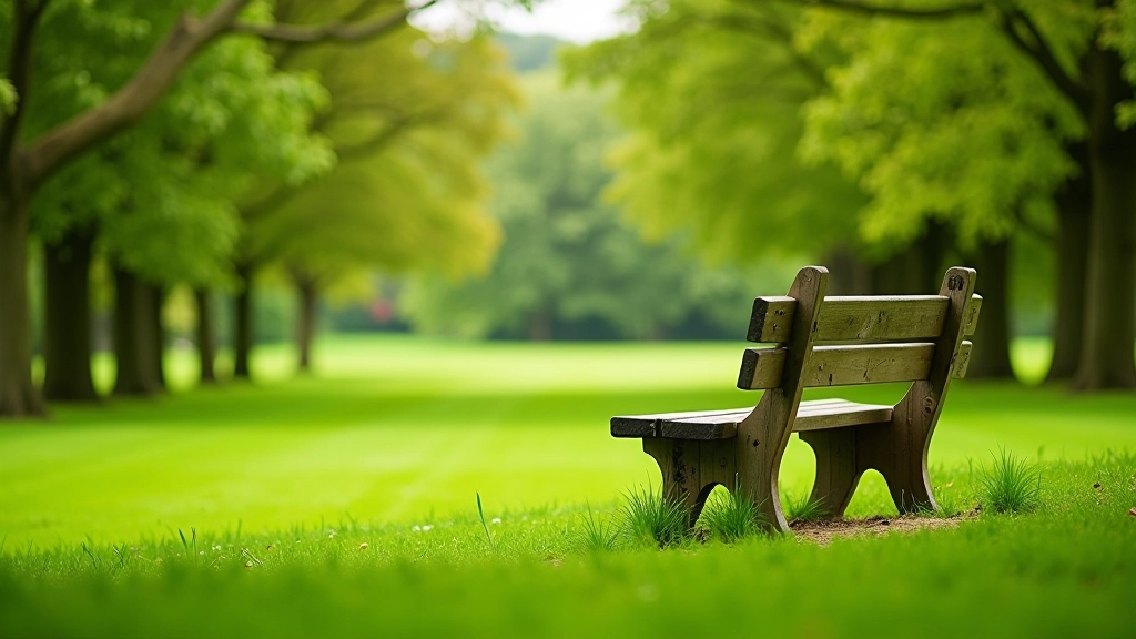 Wooden park bench positioned on grassy area overlooking grounds with mature trees in background