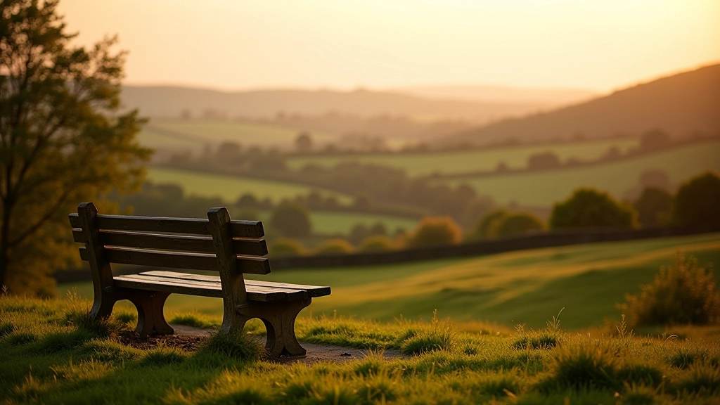 Wooden bench positioned on a scenic overlook with countryside views stretching across rolling hills and fields