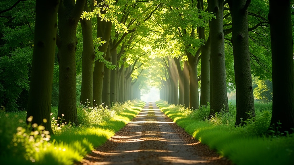 Woodland path lined with mature trees creating natural canopy with dappled light on ground