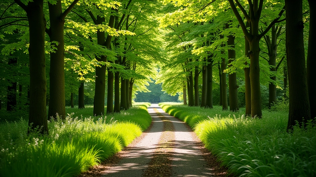 Well-maintained walking path winding through mixed woodland with beech trees creating dappled shade on the trail