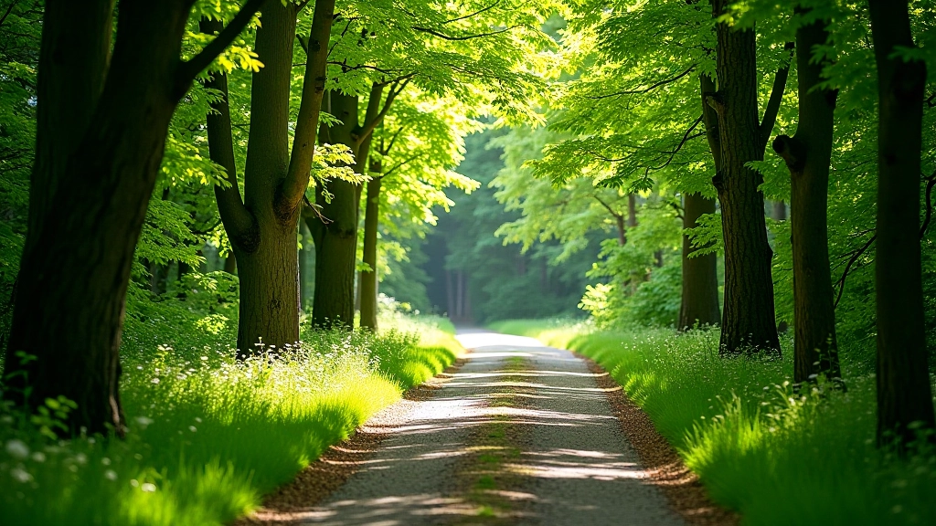 Walking trail winding through dense woodland with overhead tree canopy, clear path marked with natural edges, dappled light, peaceful forest environment
